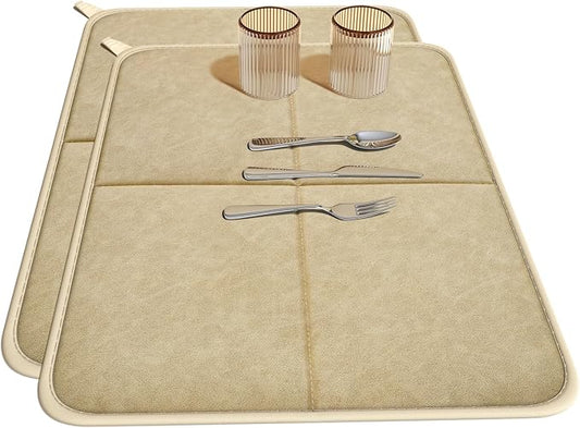YDKGL 2 Pack PU Leather Dish Drying Mat for Kitchen Counter, Ultra Absorbent & Fast Drying Dish Mat Machine Washable Foldable Drying Pad for Countertops, Sinks, Draining Racks