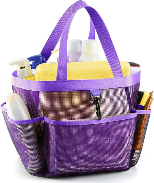 LOYEE Mesh Shower Caddy Portable for College Dorm Room Essentials with 8 Pockets, Shower Bag for Beach, Swimming, Gym, Travel, Bathroom(All purple)