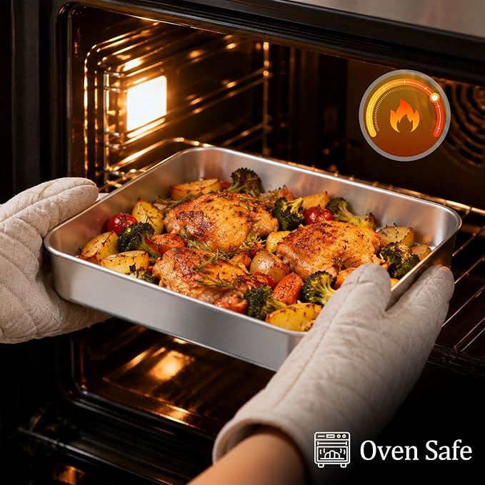 LIANYU 10 x 8 x 2 Inch Rectangular Baking Pan with Lid, 4 Pack Stainless Steel Sheet Cake Pan Set, Brownie Lasagna Bakeware for Kitchen Cooking, Dishwasher & Oven Safe (4 Pan +4 Lid)