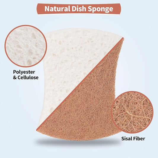 Natural Dish Sponge 12 Pack, Non-Scratch Scrub Kitchen Sponge, Eco Multipurpose, Odor-Less Dual-Sided for Dish Washing & Household Cleaning