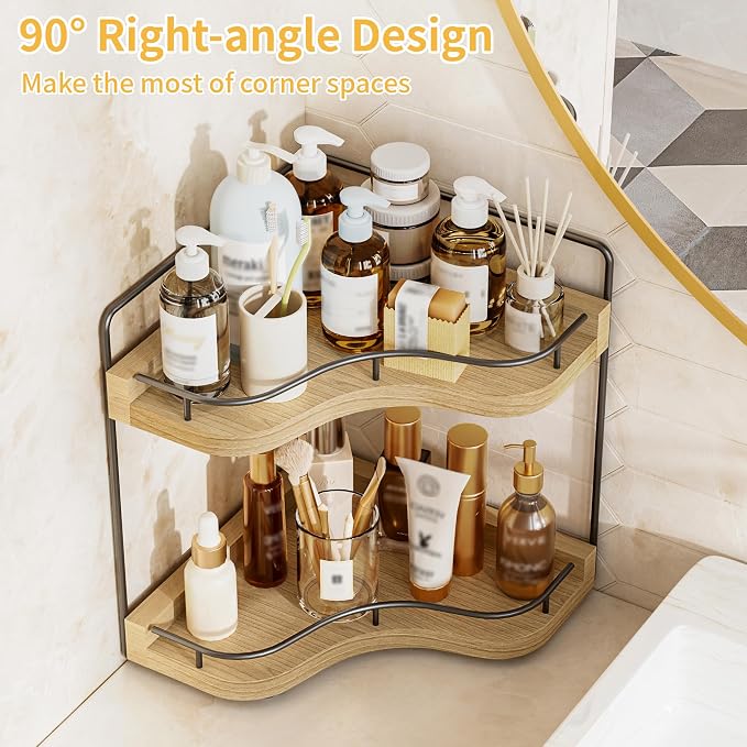 2-Tier Corner Bathroom Counter Organizer, Larger Size | Embedded Screw Holes, Sturdy & Stable, Holds More Bottles, Vanity shelf for Makeup & Skincare, Light Walnut