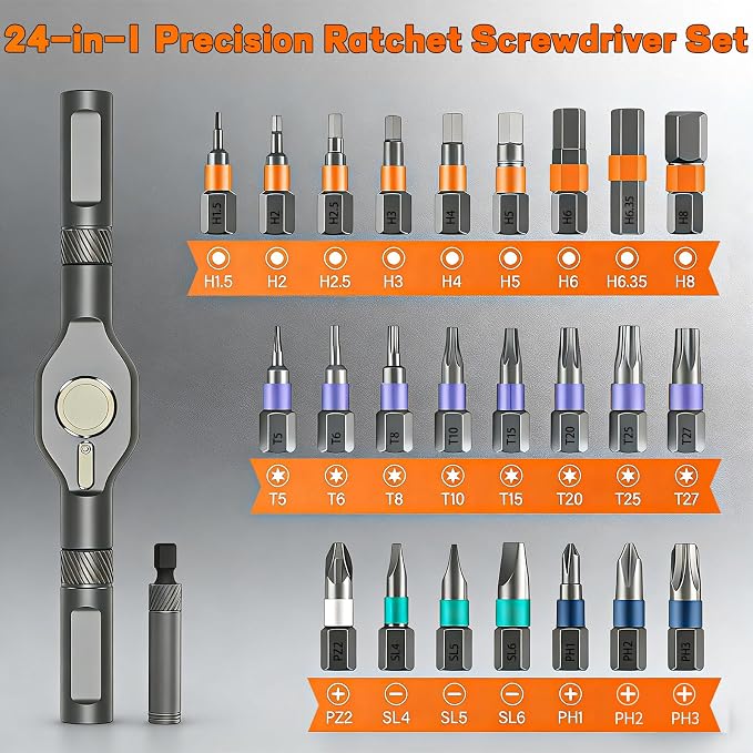 2026 New 24 in 1 Magnetic Ratchet Screwdriver Set, DIY Screwdriver Set with Detachable Handle, Portable Compact Repair Tool Kit for Furniture Laptop Electronicsv Bicycle