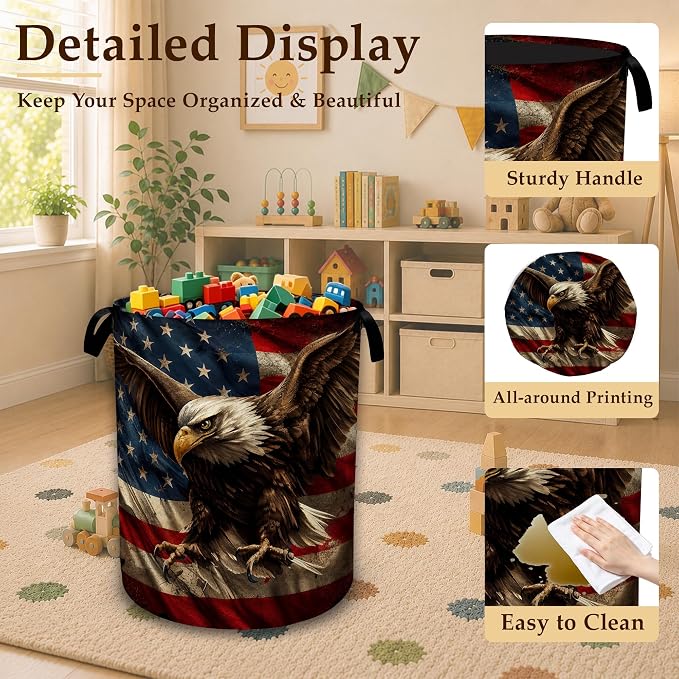 Patriotic Eagle Flag Large Laundry Hamper, Collapsible Oxford Clothes Basket with Handles, Freestanding Dirty Clothes Organizer for Bedroom Bathroom Dorm Laundry Room, 16 x 20.8 Inch