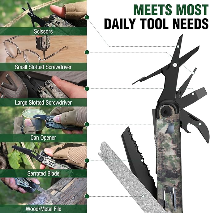 FLISSA 15-in-1 EDC Multitool Pliers with Sheath, Pocket Knife | Stainless Steel with Knife, Saw and Screwdrivers. Nylon Carry Case for Camping Fishing Survival, EDC Gear, Camo Finish