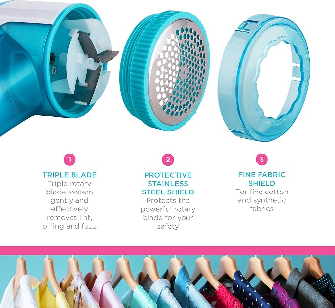 True & Tidy, Portable Fabric Shaver, Safely Removes Lint, Fabric Fluff and Fuzz Balls from All Types of Garments & Fabrics, LR-03, Aqua (Batteries not Included)