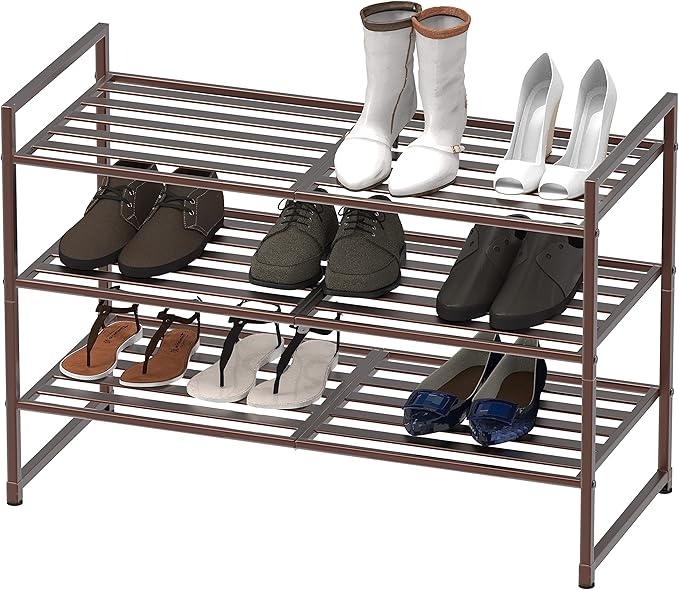Simple Houseware 3-Tier Stackable Metal Panel Shoe Rack, Bronze | 9 Pairs of Shoes Storage Organizer for Closet, Entryway, Garage & Corridor