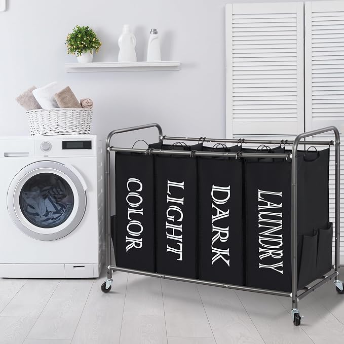 STORAGE MANIAC Laundry Sorter 4 Section, 47.5 Gal (180 L) Laundry Hamper with Wheels, Clothes Divider Basket Sorter, Separator Hamper Cart with Removable Bags, Label Black