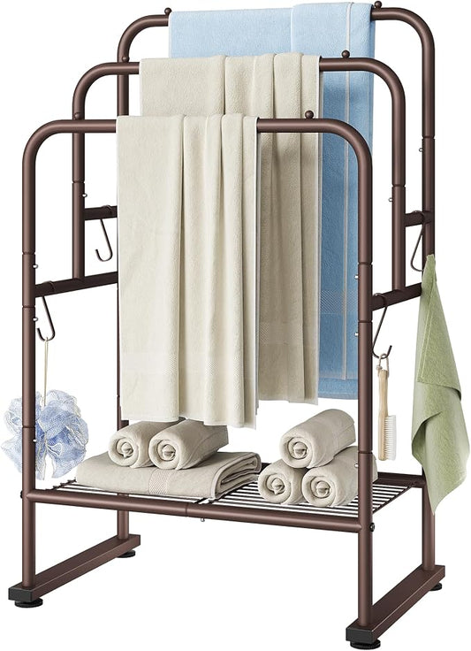 ELYKEN 40" H Freestanding Towel Rack with Shelf, 3 Tier Towel Stand, Bronze | Metal Drying Rack for Oversized Bath Towels & Blankets, 4 Hooks, Indoor & Outdoor Use, Fits Bathroom, Tub, Shower, Poolside