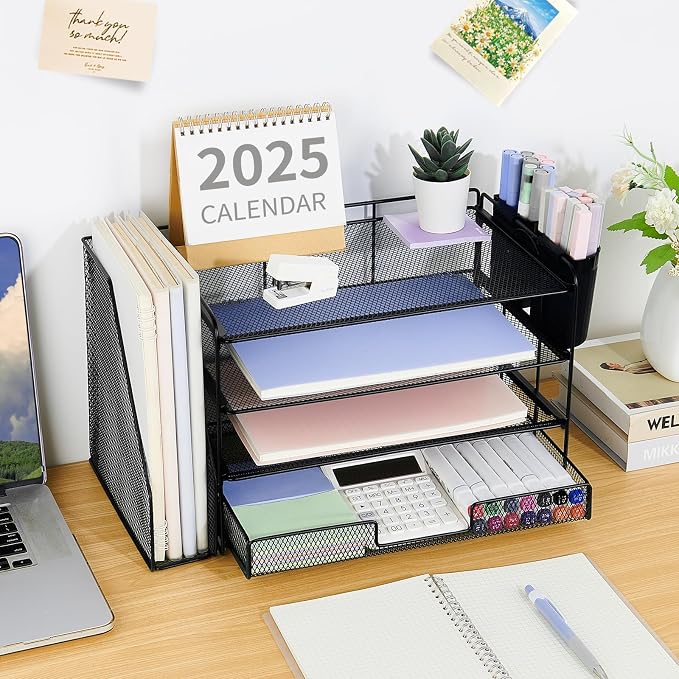 OPNICE Desk Organizer, 4-Tier Desktop File Organizer with Drawer and Pen Holders, Office Desk Accessories, File Sorters, Workspace Organizers for Office Supplies(Black 2-Pack)