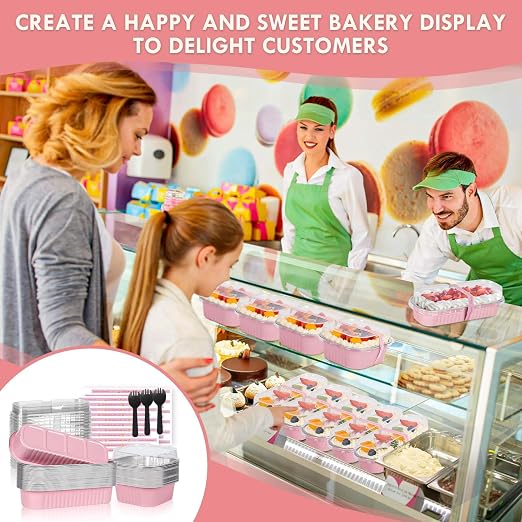 YQER Mini Loaf Pans with Lids for Baking Bread Disposable, 50Pcs 6.8oz Mini Cake Pans with Lids and Spoons Pink Sticker & 30Pcs 10oz Square Aluminum Pans Kit, Dessert Foil Baking Cupcake Tins