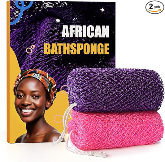 2 Pieces African Net Sponge Authentic, Durable Back Scrubber Washcloth for Shower, Exfoliating Net Sponge for All Skin, Bathing Accessories for Women (2 Pack (Pink and Purple))