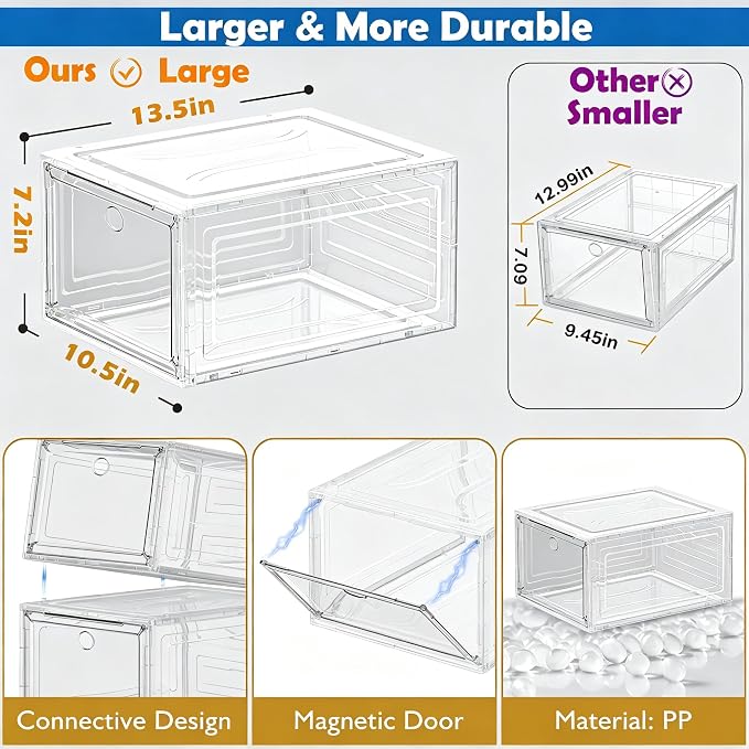 7 code Shoe Organizer, Clear Thickened Stackable Shoe Boxes with Magnetic Door, Collapsible Closet Storage Rack for Sneakers & Boots, 6 Pack White, Virgin Material, Not Recycled Plastic for Household | Thick Plastic Shoe Storage for Sneakers & Boots, C...