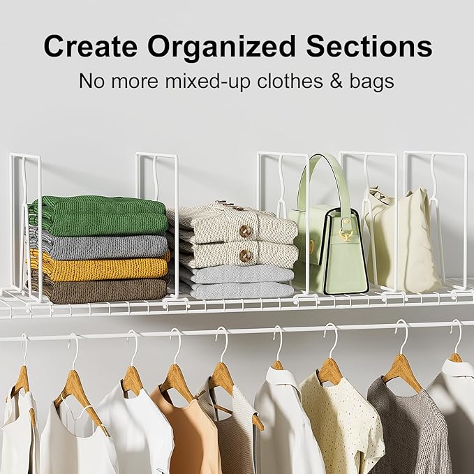 SortNStore Wire Shelf Dividers for Closet: Tall 16 Pack 12-inch Deep Wire Rack Accessories - Adjustable Purse Organizer for Clothes Handbags - Metal Pantry Separators