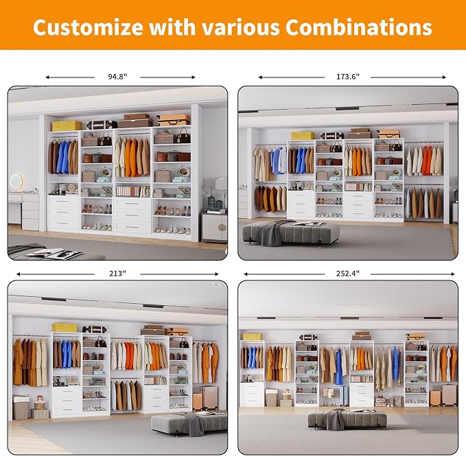 Closet System with 4 Sets, 8FT-21FT Closet Organizer Systems with 6 Drawers 14 Shelves & 6 Hanging Expandable Rods, Walk in Closet Standalone Small Corner Modular Closet Storage System White (8FT)