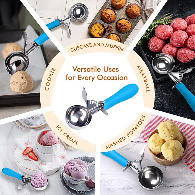 Fayomir Ice Cream Scoop with Trigger, 2 OZ Scoop, #16 Disher, Muffin Scoop, Large Cookie Scoops for Baking, Blue Handle, for Portion Control, Dishwasher Safe, Comfortable Grip