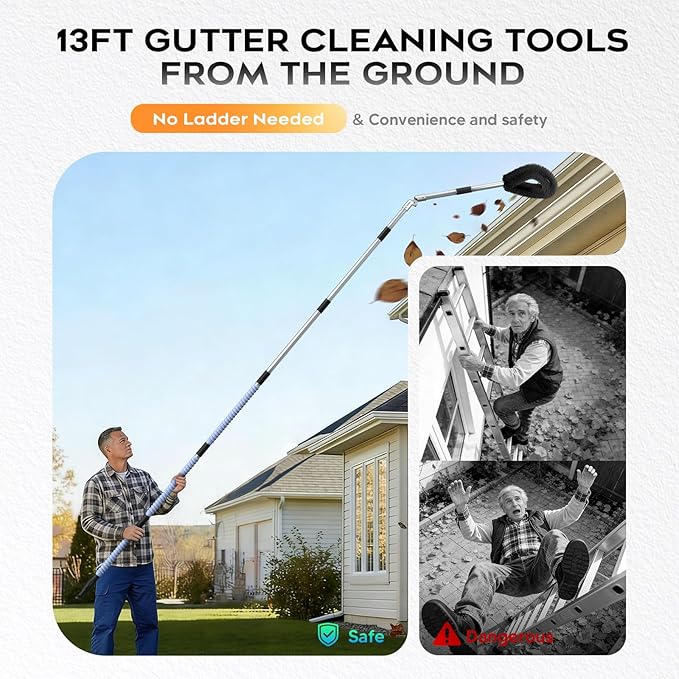 13ft Gutter Cleaning Tools from Ground, No Ladder Needed, 3-in-1 Gutter Cleaner Pole with Replaceable Brush Shovel Scraper, 180° Adjustable Angle for Leaves & Debris Cleaning with Grip Tapes