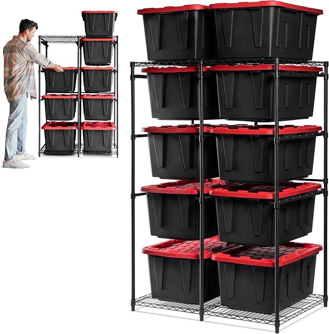 CleverMade Double Tote Tower, 10-Bin Rack for 27-Gallon Totes, Black | Individual rails let 10 totes slide out without unstacking. Powder-coated steel supports 50 lb per shelf and 500 lb total.