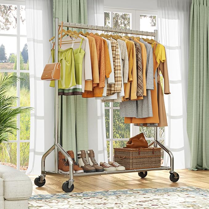 Simple Trending Heavy Duty Clothes Rack Load 420 LBS, Silver | Mesh Storage Shelf, 360° Lockable Wheels, Clothes Hanger for Bedroom, Laundry Room