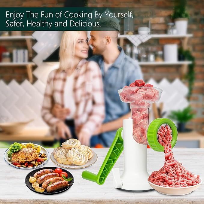 LHS Manual Meat Grinder, Heavy Duty Meat Mincer Sausage Stuffer,Hand Grinder with Stainless Steel Blades for Meat, Sausage, Cookies,Green(3 in 1, with table clamp)