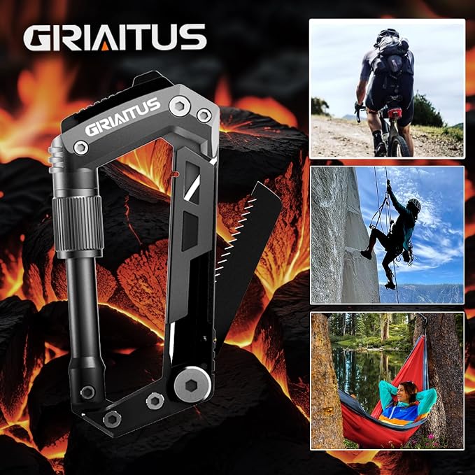 Carabiner Multitool with Pocket Knives, 8-in-1 EDC Carabiners, Gift for Men | Serrated Knife, Rope Cutter, Screwdriver, Can Bottle Opener, Ruler, Folding Knife for Camping Hiking, (Grey)