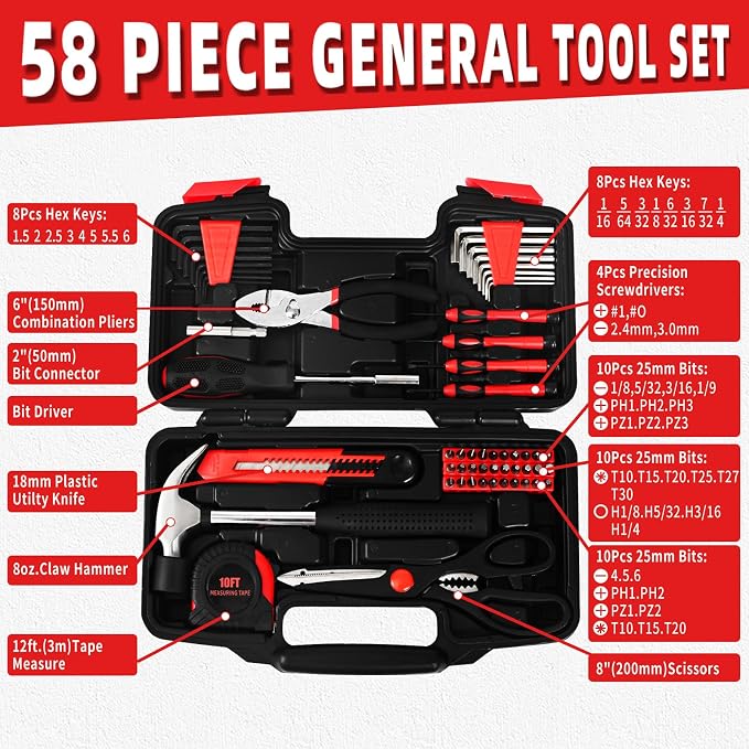 58-Piece Household Tool Set, Red Hand Kit With Storage Case | All Purpose Hand Tool Kit, Basic Home Tool Set, Plastic Storage Case, for Home Garage Office Dormitory, Basic Repairs, Women