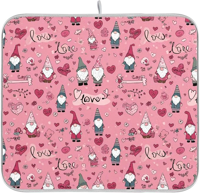Happy Valentine’s Day Pink Dish Drying Mat for Kitchen Countertop 16x18 Love Gnomes Love Heart Gift Small Drying Mat Reusable Quick Dry Dish Sink Mats Easy Clean Decorative Essentials