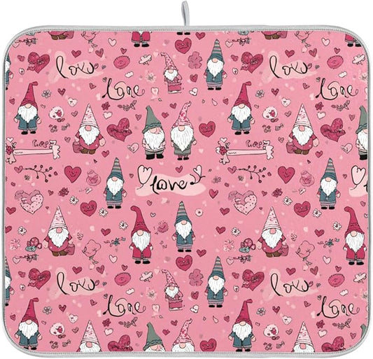 Happy Valentine’s Day Pink Dish Drying Mat for Kitchen Countertop 16x18 Love Gnomes Love Heart Gift Small Drying Mat Reusable Quick Dry Dish Sink Mats Easy Clean Decorative Essentials