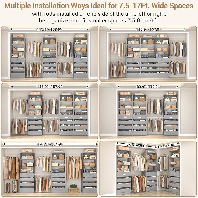 Aheaplus Closet System with 12 Drawers, 8.5-11.5Ft Wood Closet Organizer System with 4 Hanging Rods & 3 Towers, 4Ft & 6Ft L-Shaped Walk-in Closets Wardrobe Organizer Clothes Rack, Set of 3, Grey1