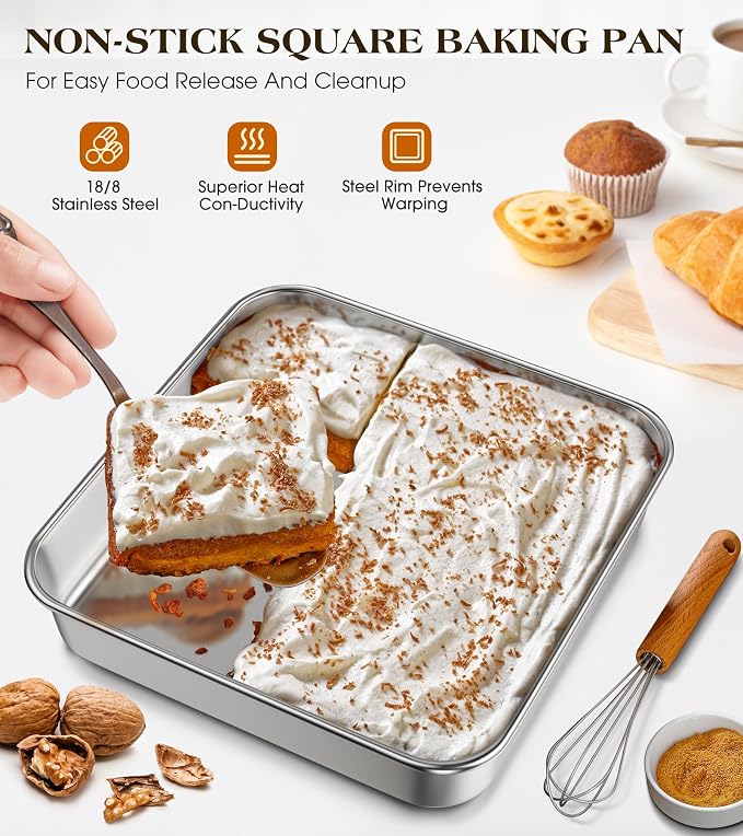 9 x 9-Inch Baking Pan with lid, 304 Stainless Steel Square Cake Pan, Commercial Grade Bakeware for Cakes Brownies Casseroles, Thicker Rectangle Sheet Cake Pans, Non-toxic & Heavy Duty &Dishwasher Safe