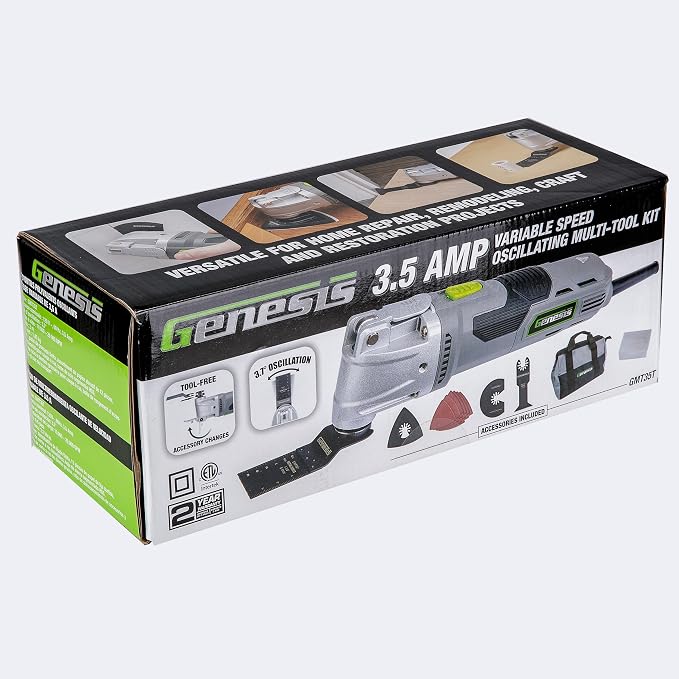 Genesis Oscillating Tool 3.5 Amp Oscillating Multi Tool with 3.7° Oscillation Angle, 6 Variable-Speeds with 16-Piece Accessory Set, Storage Box, Carrying Bag, and 2 Year Warranty (GMT35T)