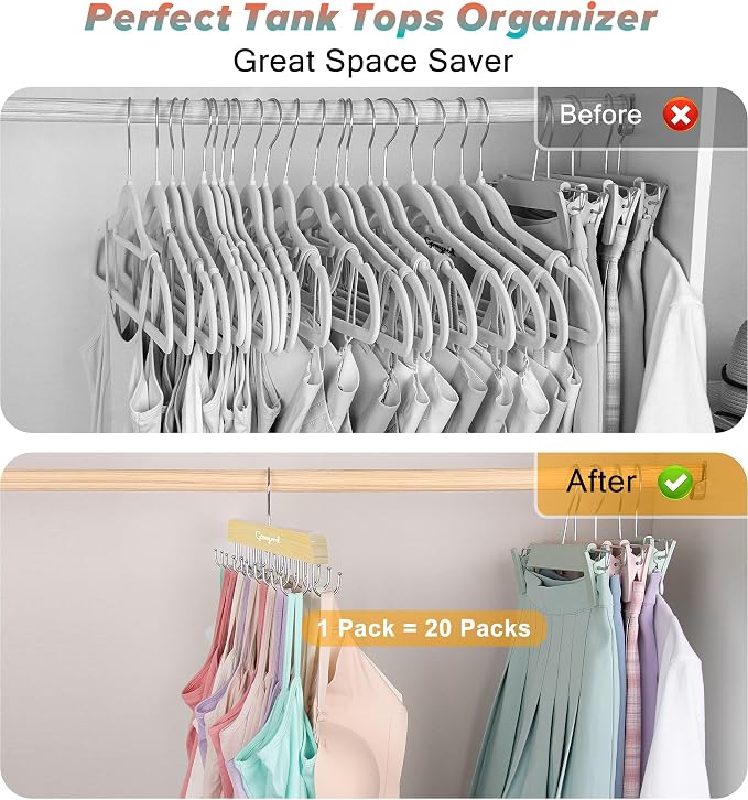 Gomyrod Tank Top Hanger, 2 Pack w/40 Hooks Bra Hanger for Closet Organizer | Premium Wood Space Saving Hanger, 360°Rotating Closet Organizers and Storage, Multi Hook Hanger for Dorm & Apartment