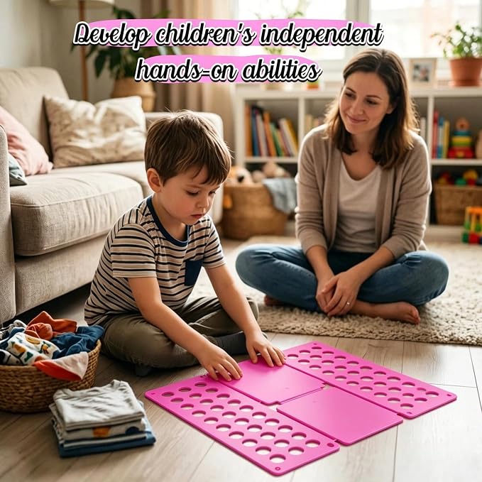 Mini Toddler Shirt Folding Board - Ages 1-7 Pink, Builds Independence | great for Montessori laundry, lightweight PP, smooth rounded edges, quick & simple, develops confidence & skills, stores flat
