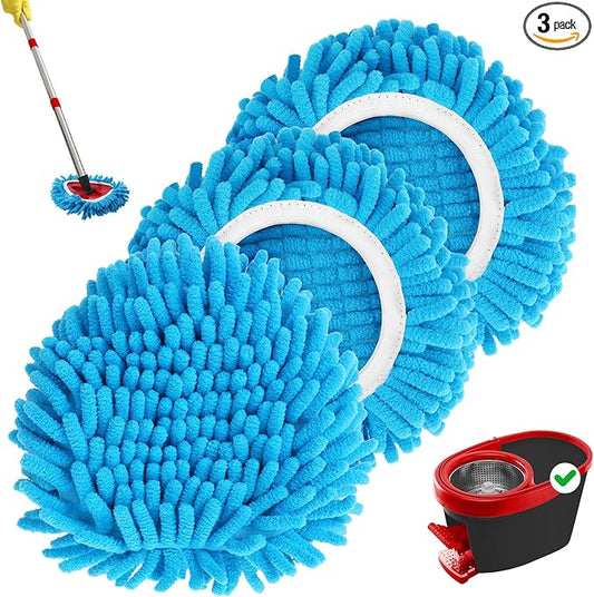 3 Pack Chenille Mop Heads Replacements Compatible with 1 Tank System Chenille Duster Replacement Heads Microfiber Spin Mop Refill Pads Reusable Dust Refills for Floor Cleaning (Blue)