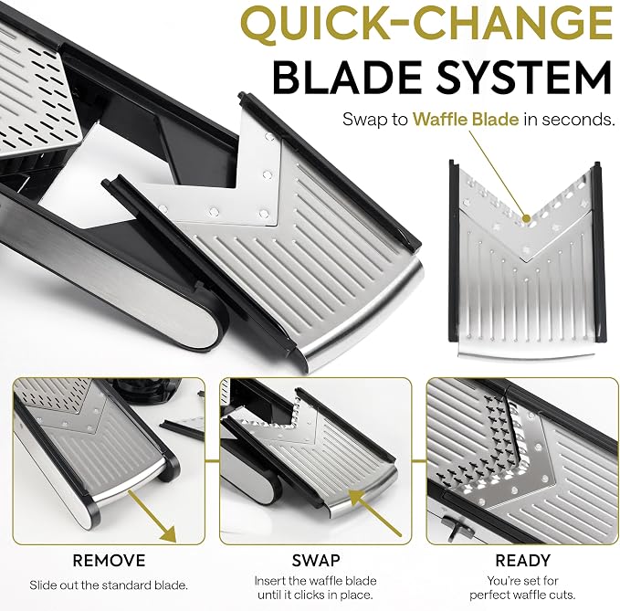 Gramercy Mandoline Slicer for Kitchen, Adjustable V-Blade Stainless Steel Vegetable Slicer with Waffle and Julienne Blades, Cut-Resistant Gloves, Cleaning Brush, Safety Lock, Dishwasher Safe