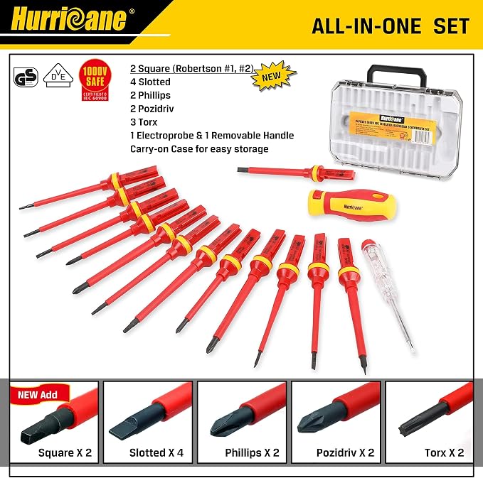 HURRICANE 1000V Insulated Screwdriver Set, 15 Piecse Professional Insulated Electrician Screwdriver Set, CR-V Magnetic Tips, Square(Robertson) Phillips Slotted Pozi Torx Insulated Electrician Tool Kit