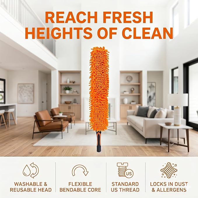 Chenille Duster with Bendable Head – Washable Ceiling Fan Duster for High Ceilings, Blinds, and Furniture – Universal Thread Fit for Easy Cleaning, Orange