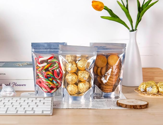 200 Pack Silver Mylar Bags with Window, 4x6 in Pouches | 7.5 Mil Thick, Food Storage, Resealable Closure, Small Business Packaging, Upright Base, Viewing Panel