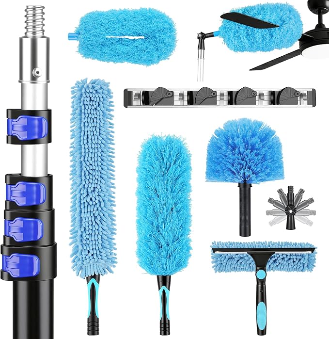 25ft High Reach Extendable Duster Kit with 4.5-18ft Extension Pole - Ceiling Fan Blade Cleaner, Spider Web Brush Cobweb Remover, Window Squeegee Kit with Telescoping Wand, Extended Extra Long Handle