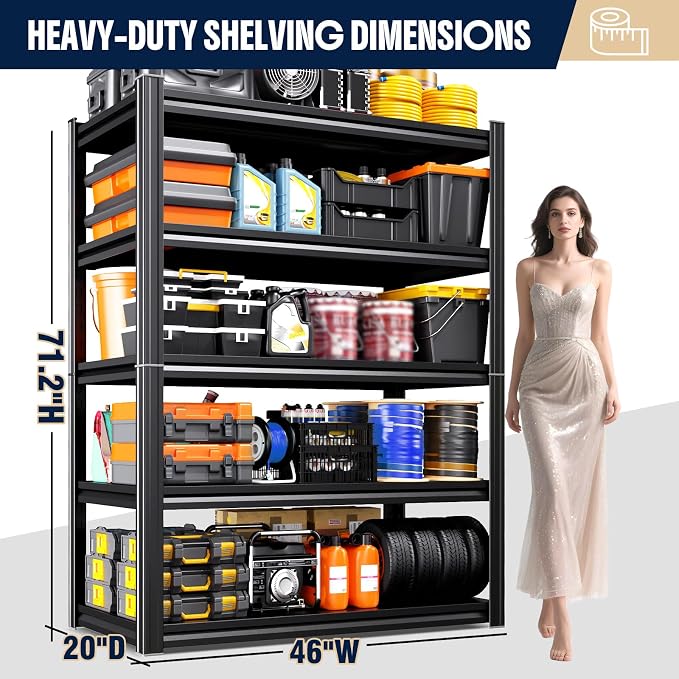 5-Tier Heavy Duty Metal Garage Shelving, 71.2"Hx46"Wx20"D, Adjustable Storage Shelves Unit for Garage Storage, Metal Shelving & Shelves Organizer for Home, Warehouse, Workshop & Commercial Use