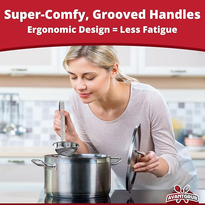 Super Sturdy, Ergonomic 2 Oz. Soup Ladle 3 Pk. Stainless Steel Ladles with Long Handles. Best Kitchen Accessories for Stirring, Portioning and Serving Soups, Chili and Stew in Restaurants and at Home