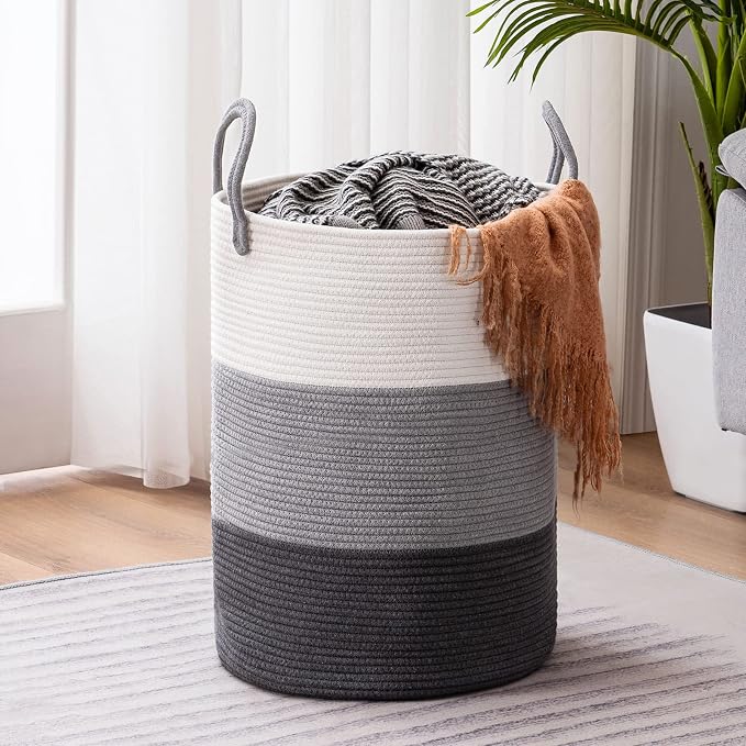 YOUDENOVA Cotton Rope Laundry Hamper Basket, 58L Blanket Basket for Nursery | Large Woven Laundry Hamper with Sturdy Handles, Collapsible Home Decor Laundry Basket for Laundry, Clothes, Toys in Bedroom