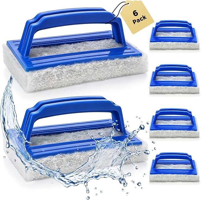 Gejoy 6 Pack Handheld Pool Scrubbing Scouring Brush for Swimming Sponge Pad with Handle Non Scratch Cleaning Brush for Pool Tile Grout Corner Wall Vinyl Liners Sink Shower Bathtub Spa Kitchen Cleaning