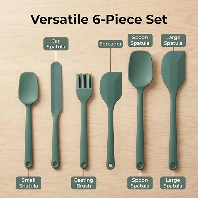 6-Piece Silicone Spatula Set, Non-Stick & Stainless Steel Core, BPA-Free, Dishwasher Safe Kitchen Utensils for Baking, Cooking, Mixing (Green)