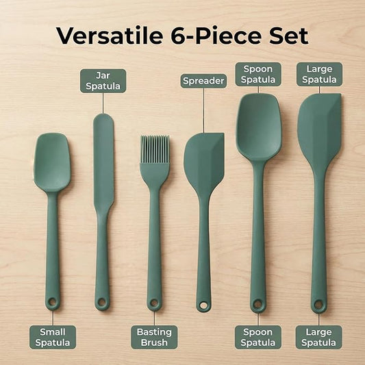 6-Piece Silicone Spatula Set, Non-Stick & Stainless Steel Core, BPA-Free, Dishwasher Safe Kitchen Utensils for Baking, Cooking, Mixing (Green)