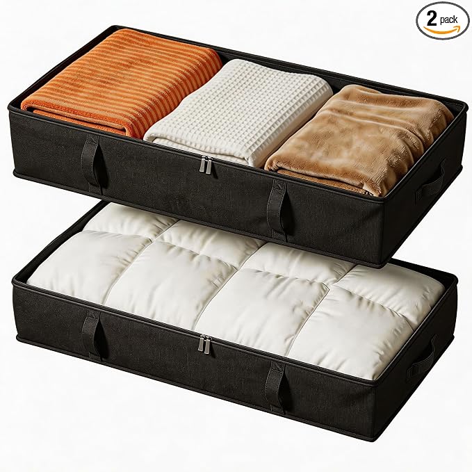 Vailando Storage Containers, 8 Inches Tall 80L Underbed Storage Bins with Sturdy Handles and Sidewalls, Closet Organizer for Clothes, Blankets, Seasonal Items, Black, 2-Pack