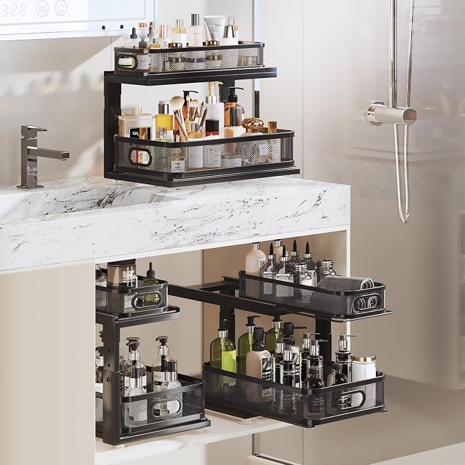 2 Pack 18.5IN-Depth Under Sink Organizer With Next-Gen Ball-Bearing Slides,2-Tier Precision Mesh Pull Out Cabinet Storage for Bathroom&Kitchen,Height Adjustable Drawers Shelf,Anti-rust-Black