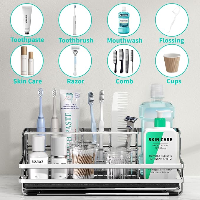 HapiRm Toothbrush Holders for Bathroom - 5 Partitions Bathroom Counter Organizer with Instant Drying Stone, Stainless Steel Countertop Storage Electric Toothbrush Toothpaste Holder - Silver(Large)