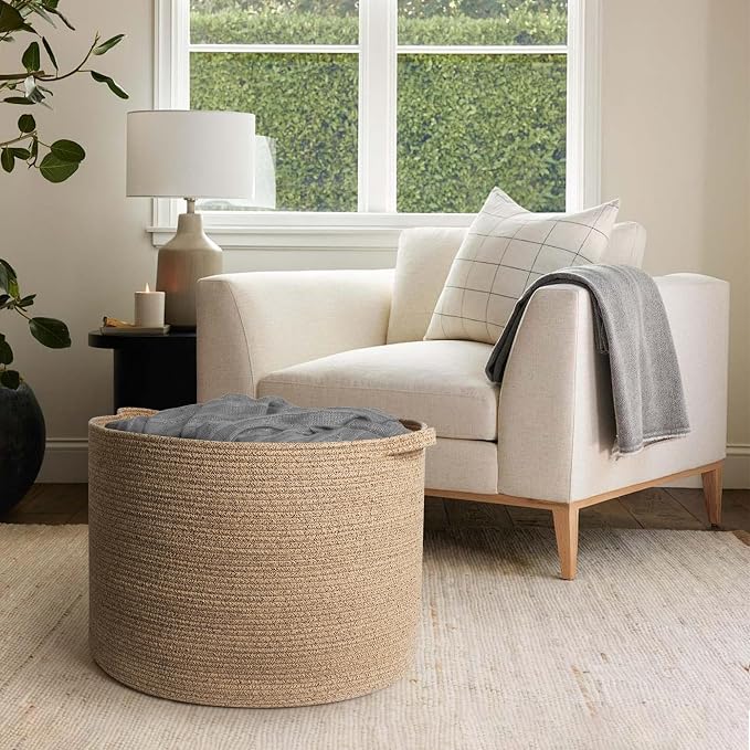 MEGASKET 115L Extra Large Storage Basket, 23.6"x15.7" Woven Cotton Rope Basket, Giant Kids Dog Toy Bin, XXXL Boho Blanket Pillow Holder for Living Room, Brown Variegated Woven Baskets for Organizing