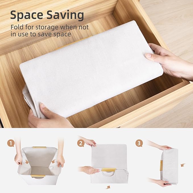 STORAGE MANIAC 2-Pack Collapsible Laundry Hamper with Bamboo Handles | 80L (21.1 Gal) Large Laundry Hamper, Freestanding Waterproof Clothes Hamper for Laundry Room, Bedroom, Dorm, Towels, Beige