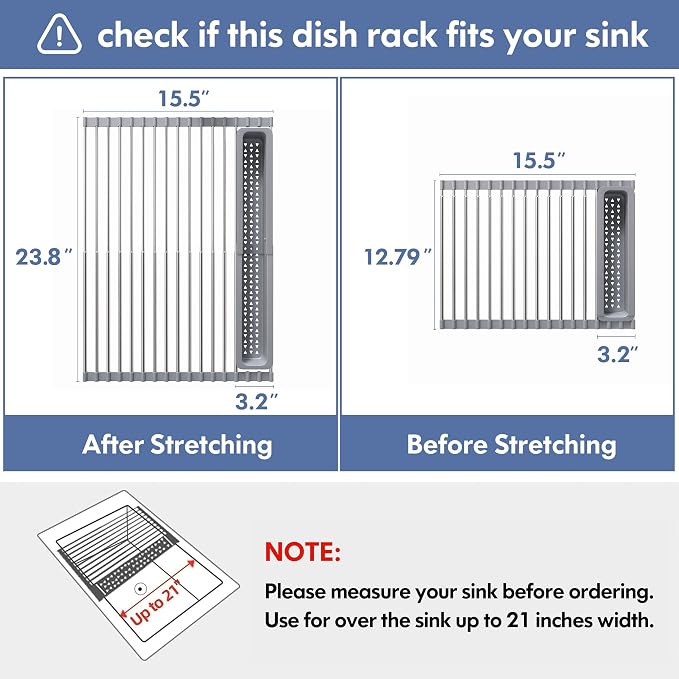 JASIWAY Roll Up Dish Drying Rack, Expandable (12.8"-23.8" D x 15.5" W) Stainless Steel Portable Drainer for Kitchen Sink Counter, Foldable Over The Sink Cover with Removable Utensil Holder, Gray
